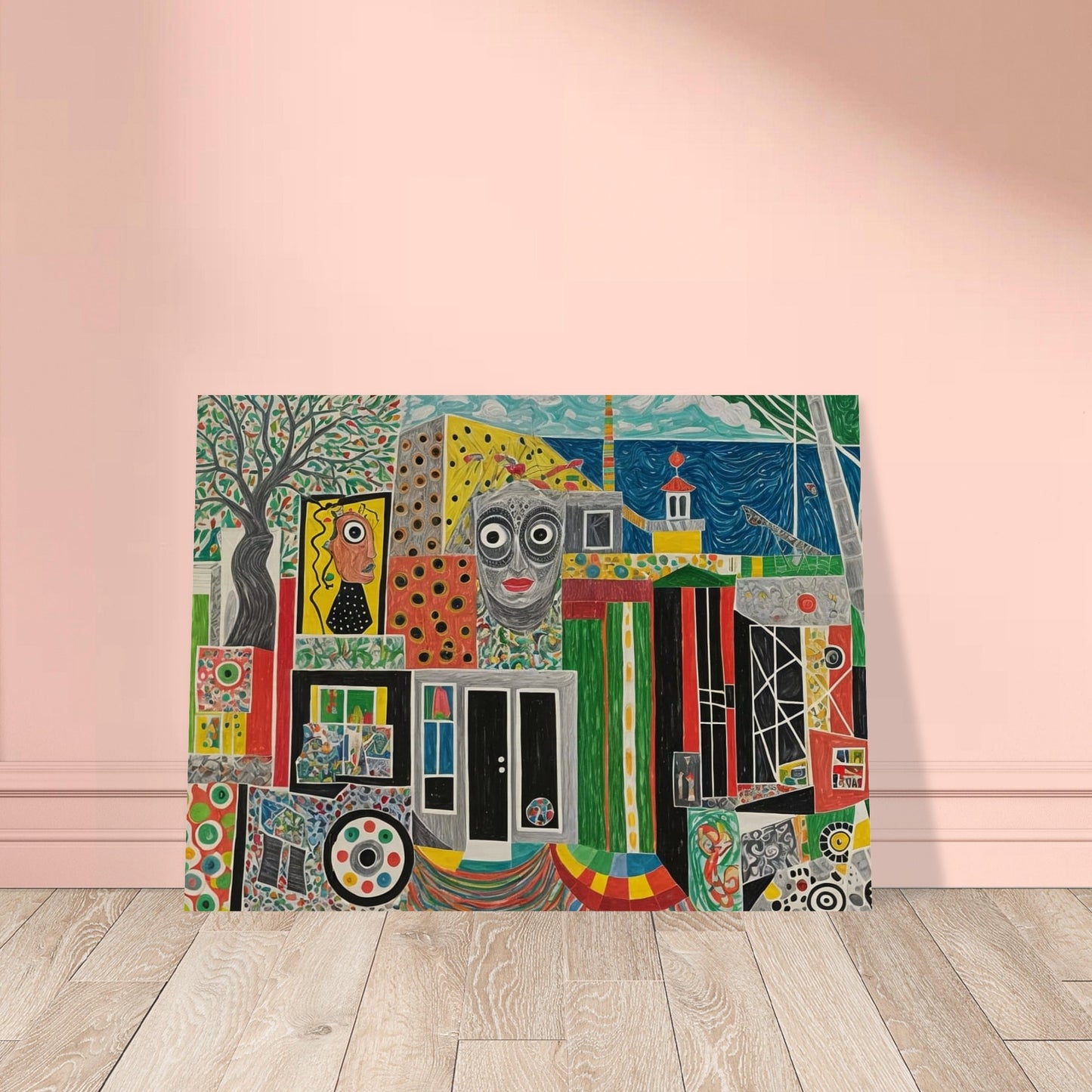 A vibrant and eclectic artwork featuring abstract faces, patterns, and architectural elements in a colorful, chaotic composition.