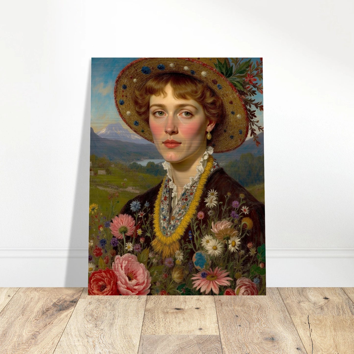 Portrait of a woman in a straw hat adorned with flowers, holding a vibrant bouquet against a mountain meadow backdrop.