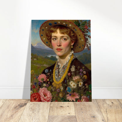Portrait of a woman in a straw hat adorned with flowers, holding a vibrant bouquet against a mountain meadow backdrop.