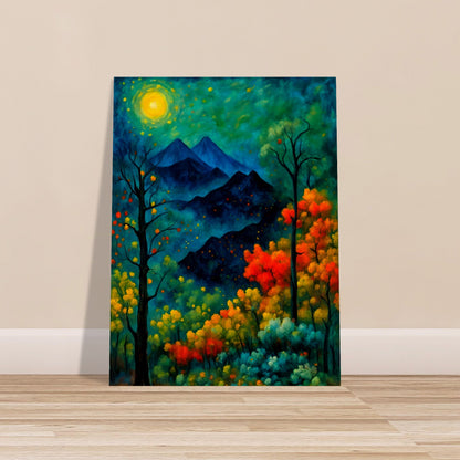 A vibrant, mystical forest with glowing autumn trees, a bright golden moon, and distant mountains under a deep blue-green night sky.