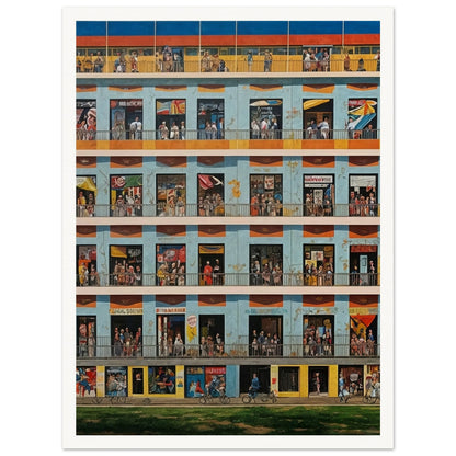 A detailed painting of a multistory building with numerous windows, each depicting different scenes of daily life.