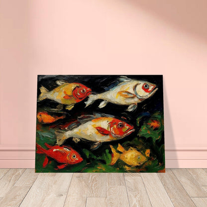 A vibrant painting of multiple colorful fish swimming in a dark aquatic environment, showcasing dynamic brushstrokes and rich hues.