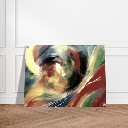 An abstract painting with swirling brushstrokes of vibrant colors, including red, yellow, blue, and green, creating a sense of dynamic movement