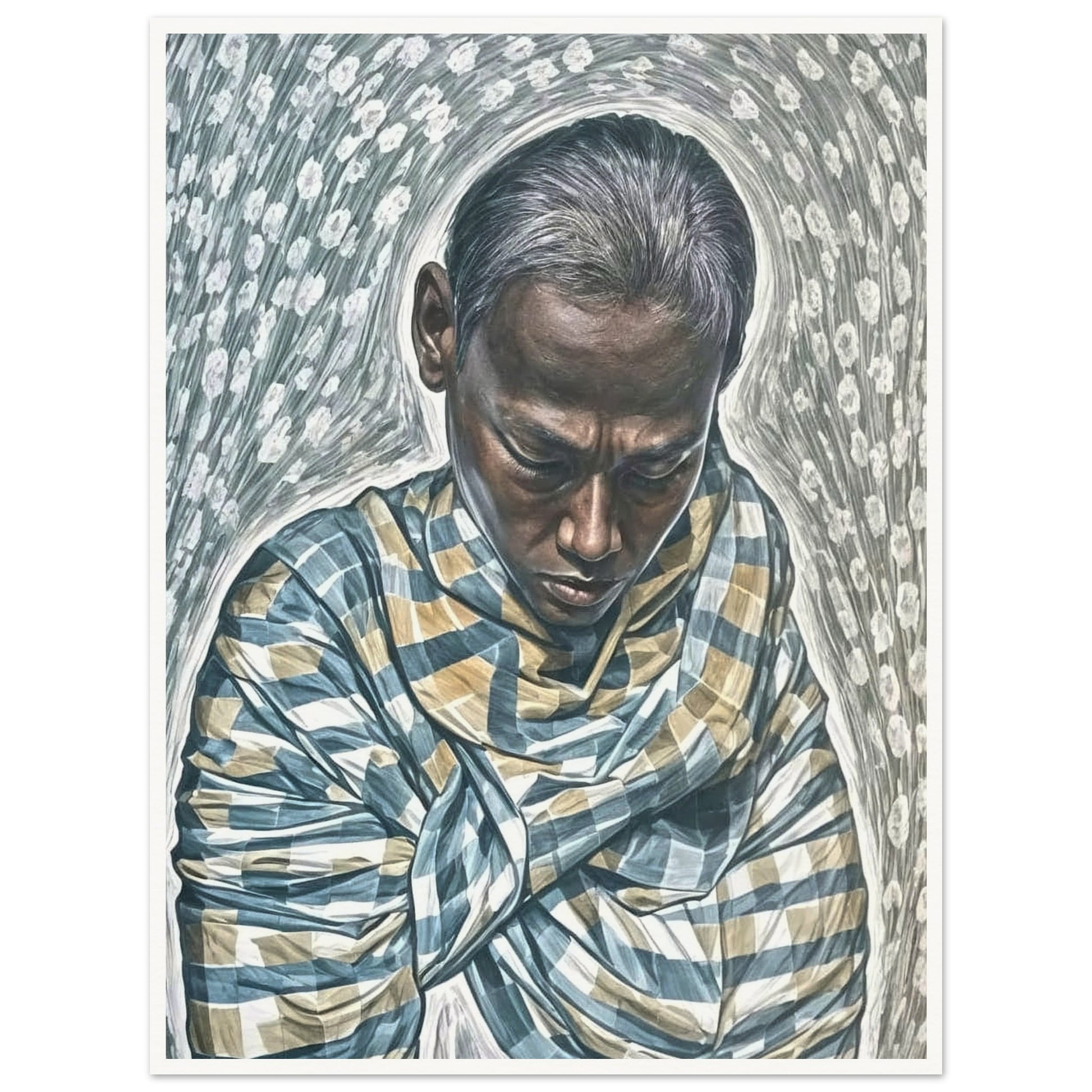 A detailed and contemplative portrait of a man wrapped in a patterned garment, head bowed, surrounded by swirling textures and floral patterns, conveying deep introspection and serenity.