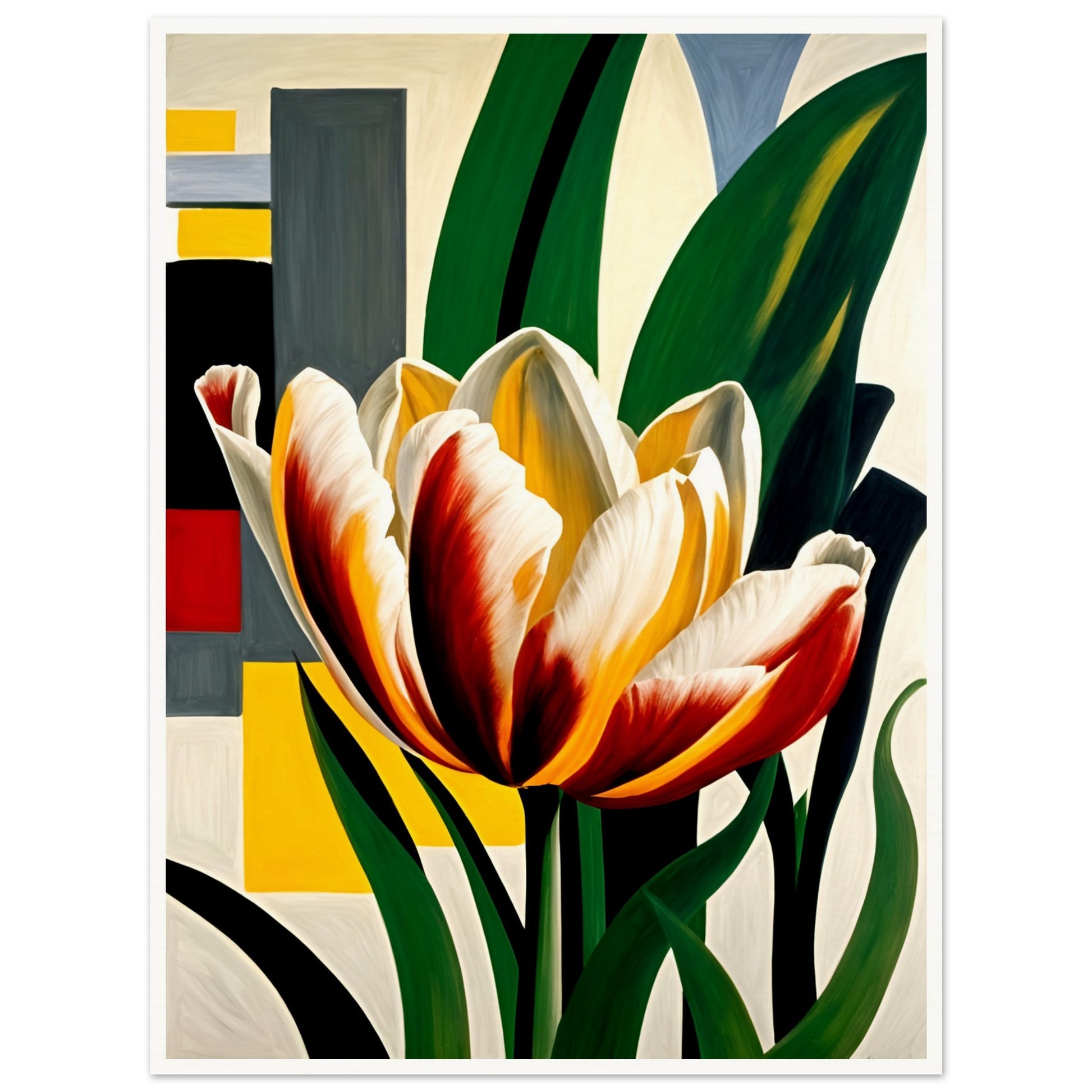 A striking tulip with red, yellow, and white petals set against a bold geometric background, blending nature with modern design.