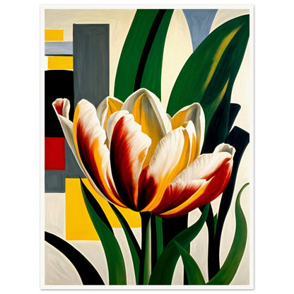 A striking tulip with red, yellow, and white petals set against a bold geometric background, blending nature with modern design.