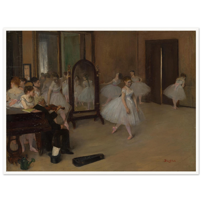 Ballet dancers rehearse in a studio with a mirror, pianist, and open doorway