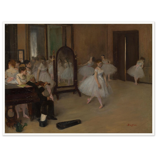 Ballet dancers rehearse in a studio with a mirror, pianist, and open doorway