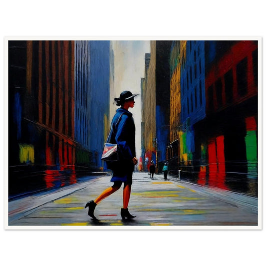 A vibrant painting of a woman walking through a colorful city street, with towering buildings and reflective surfaces.