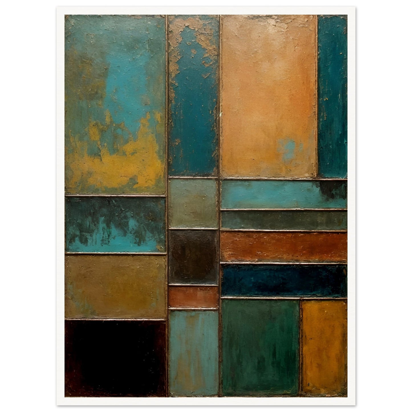 A textured abstract painting featuring geometric panels in shades of turquoise, rust, gold, and black, resembling weathered metal and patina.