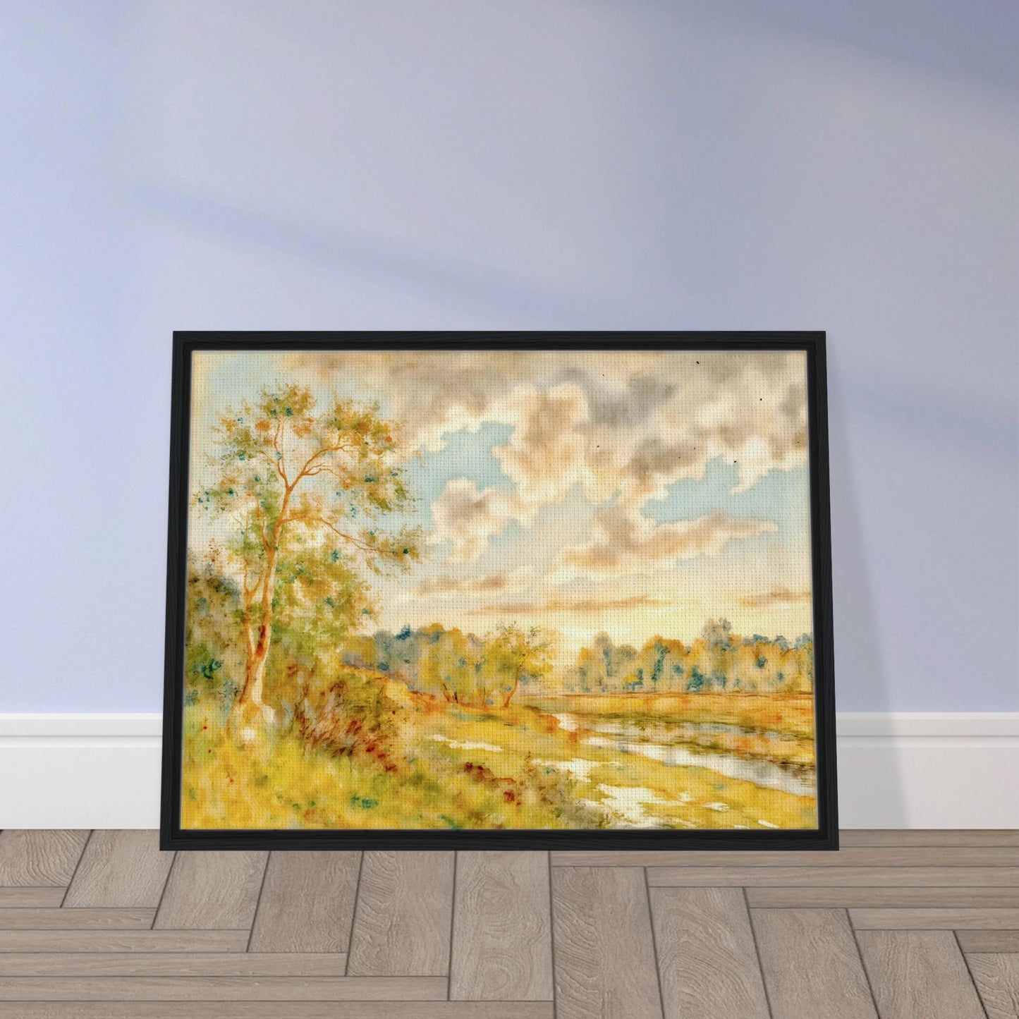 Soft golden meadow beside a reflective river beneath luminous clouds, with delicate trees and warm pastoral light in an airy landscape.