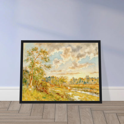 Soft golden meadow beside a reflective river beneath luminous clouds, with delicate trees and warm pastoral light in an airy landscape.