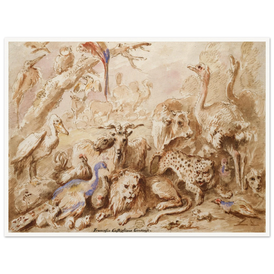 A lively group of animals and birds gathers in a sepia drawing with touches of red and blue.