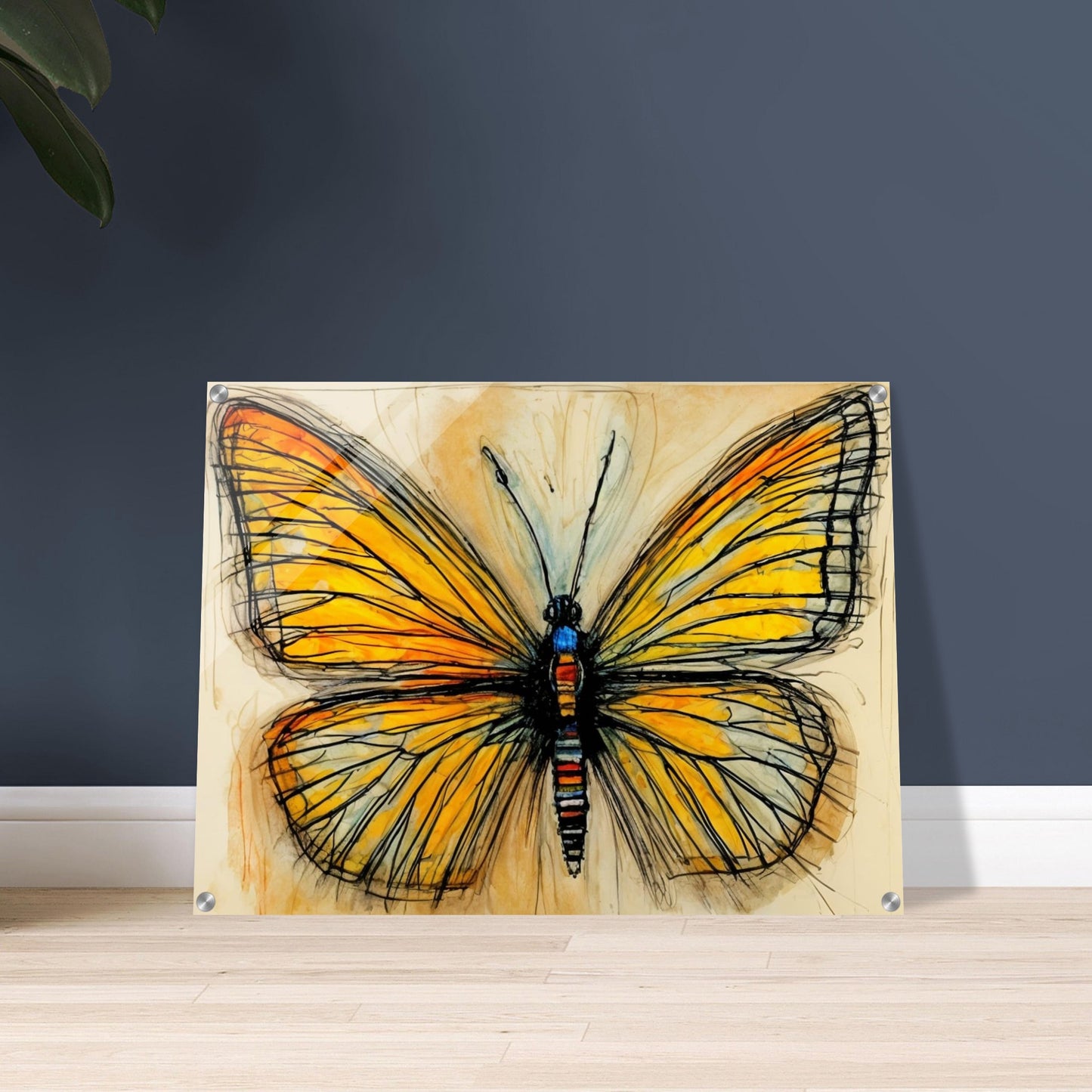 A striking illustration of a butterfly with bold black outlines and golden-yellow wings, detailed with subtle orange and blue accents, evoking transformation.