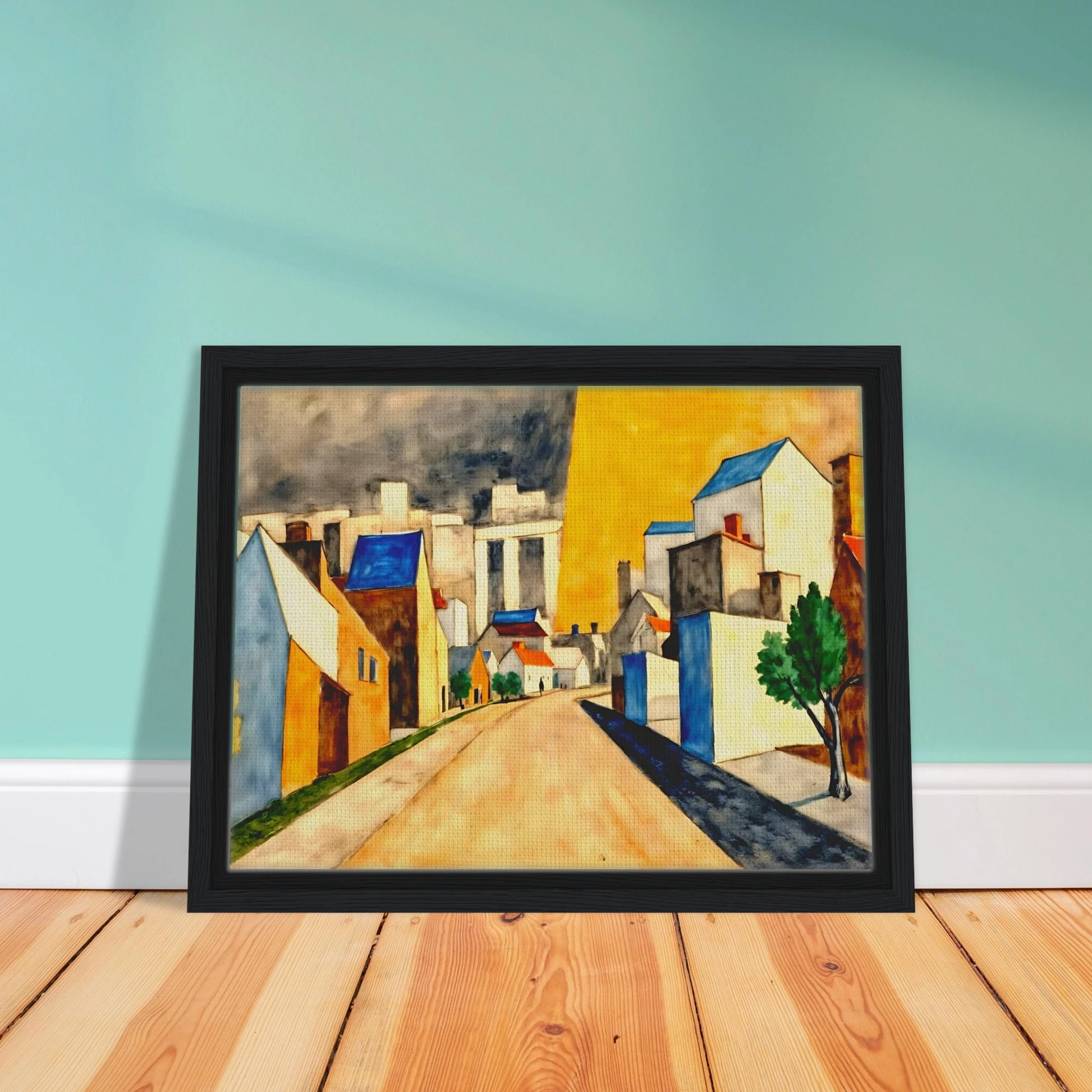 An expressionist townscape featuring a winding street lined with white and golden buildings, vivid blue rooftops, green trees, and a dramatic yellow sky contrasted by dark clouds.
