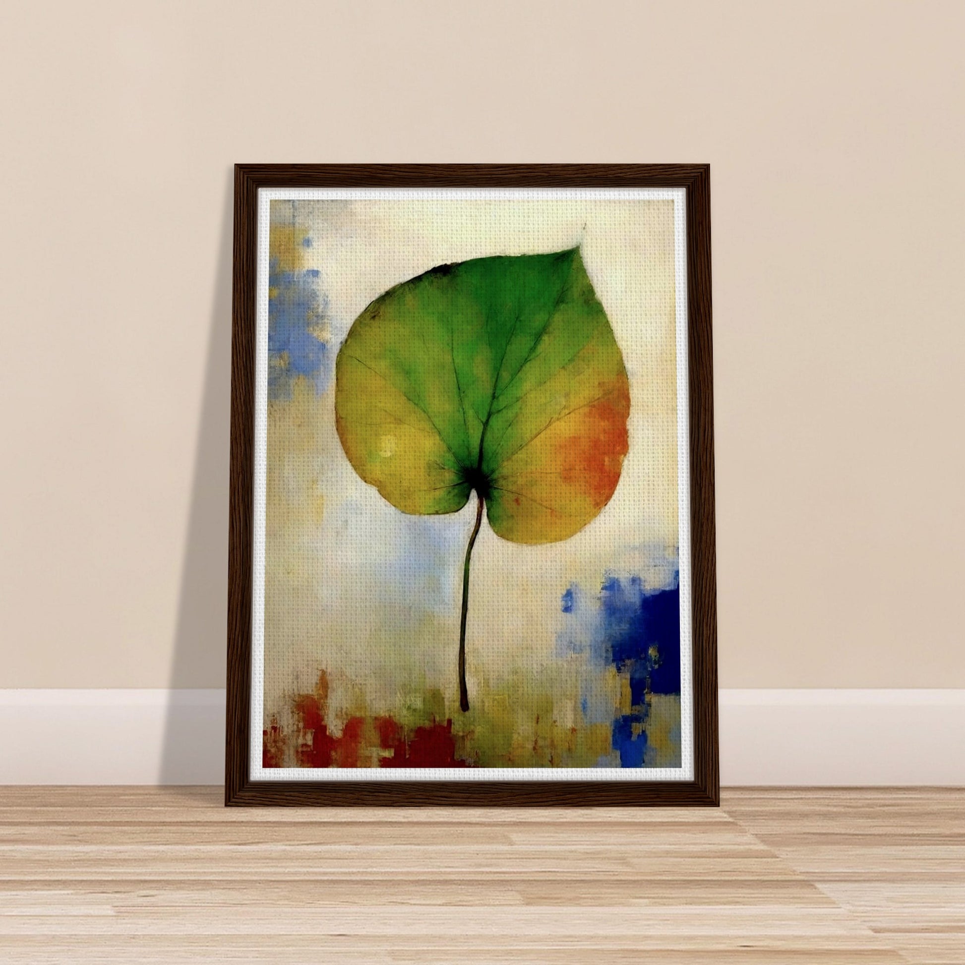 A single leaf showing a gradient from green to orange, standing against a softly textured background with hints of blue and red, symbolizing seasonal change.