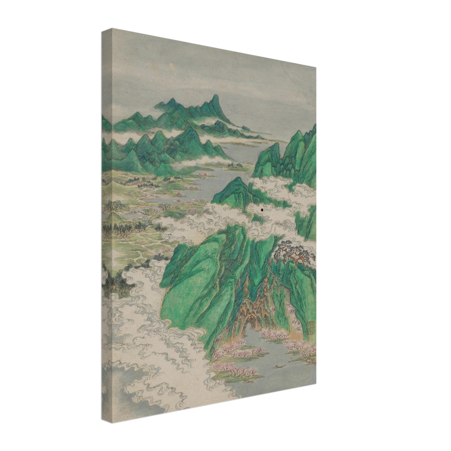 Green mountains rise through curling white clouds above rivers, villages, and pink blossoms in a traditional Chinese landscape.
