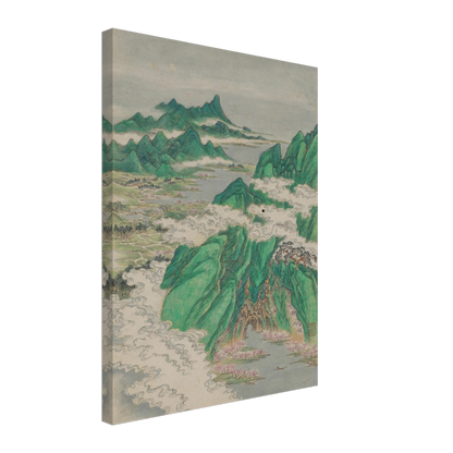 Green mountains rise through curling white clouds above rivers, villages, and pink blossoms in a traditional Chinese landscape.