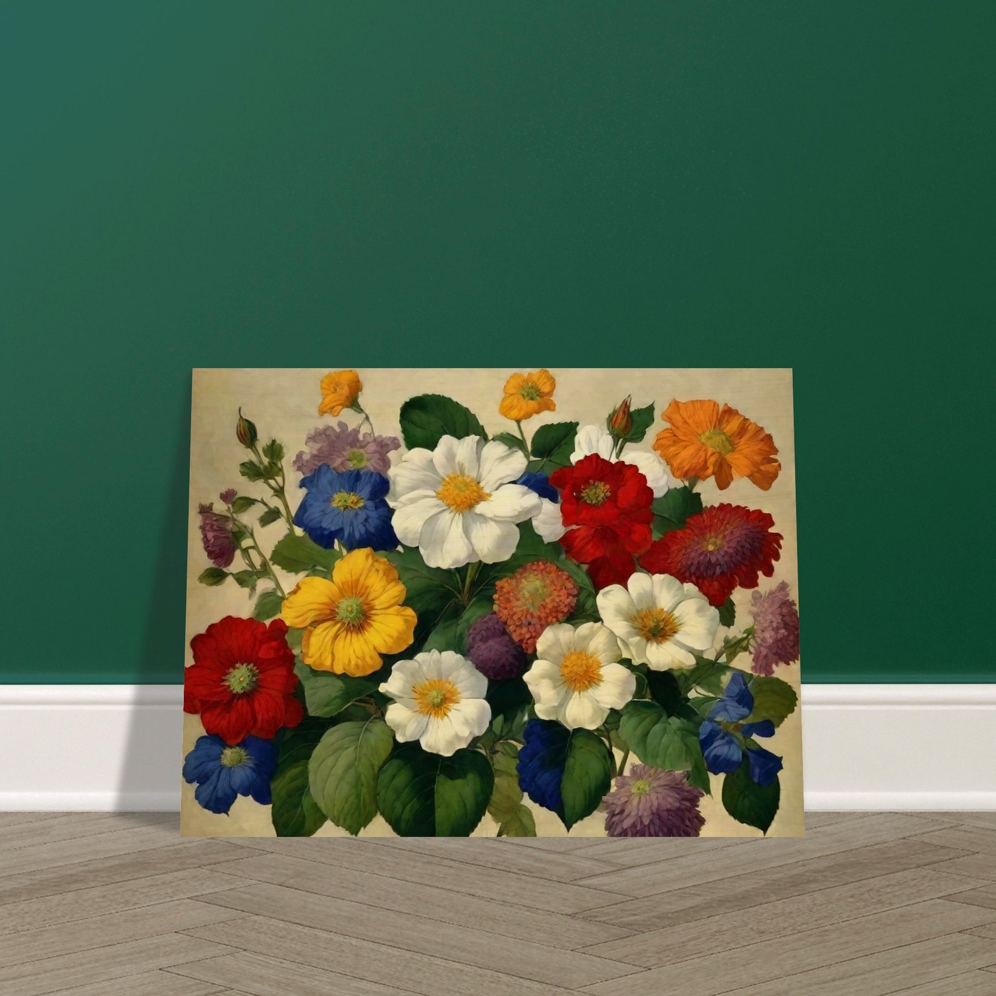 A lush bouquet of multicolored flowers with large, vibrant blooms, set against a soft, neutral background.