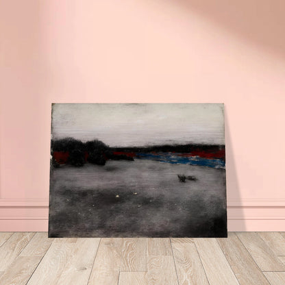 Gray marshland stretches beneath a pale sky, with dark trees and blue water along the horizon.