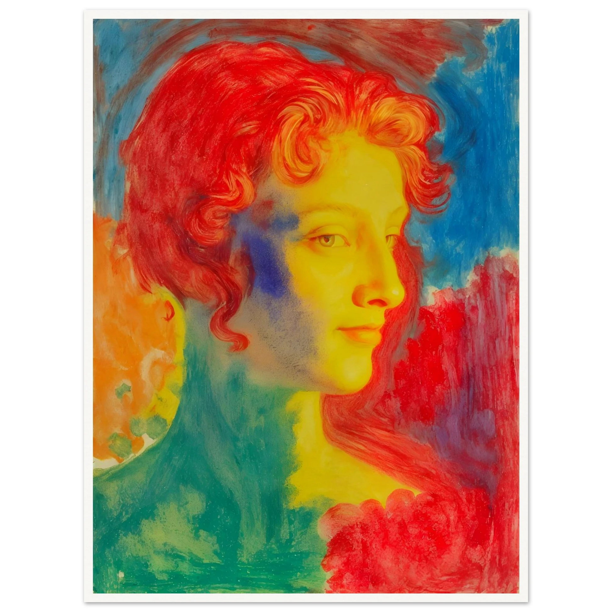 A vivid portrait of a woman in glowing reds, blues, and golds, blending luminous tones into a dreamlike expressive composition.