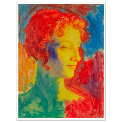 A vivid portrait of a woman in glowing reds, blues, and golds, blending luminous tones into a dreamlike expressive composition.