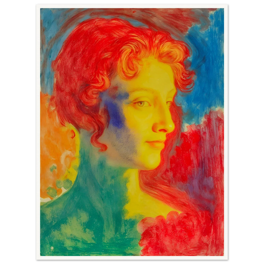A vivid portrait of a woman in glowing reds, blues, and golds, blending luminous tones into a dreamlike expressive composition.
