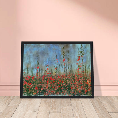 A serene landscape of tall wildflowers with red blooms against a cloudy blue sky, evoking a peaceful and natural atmosphere.