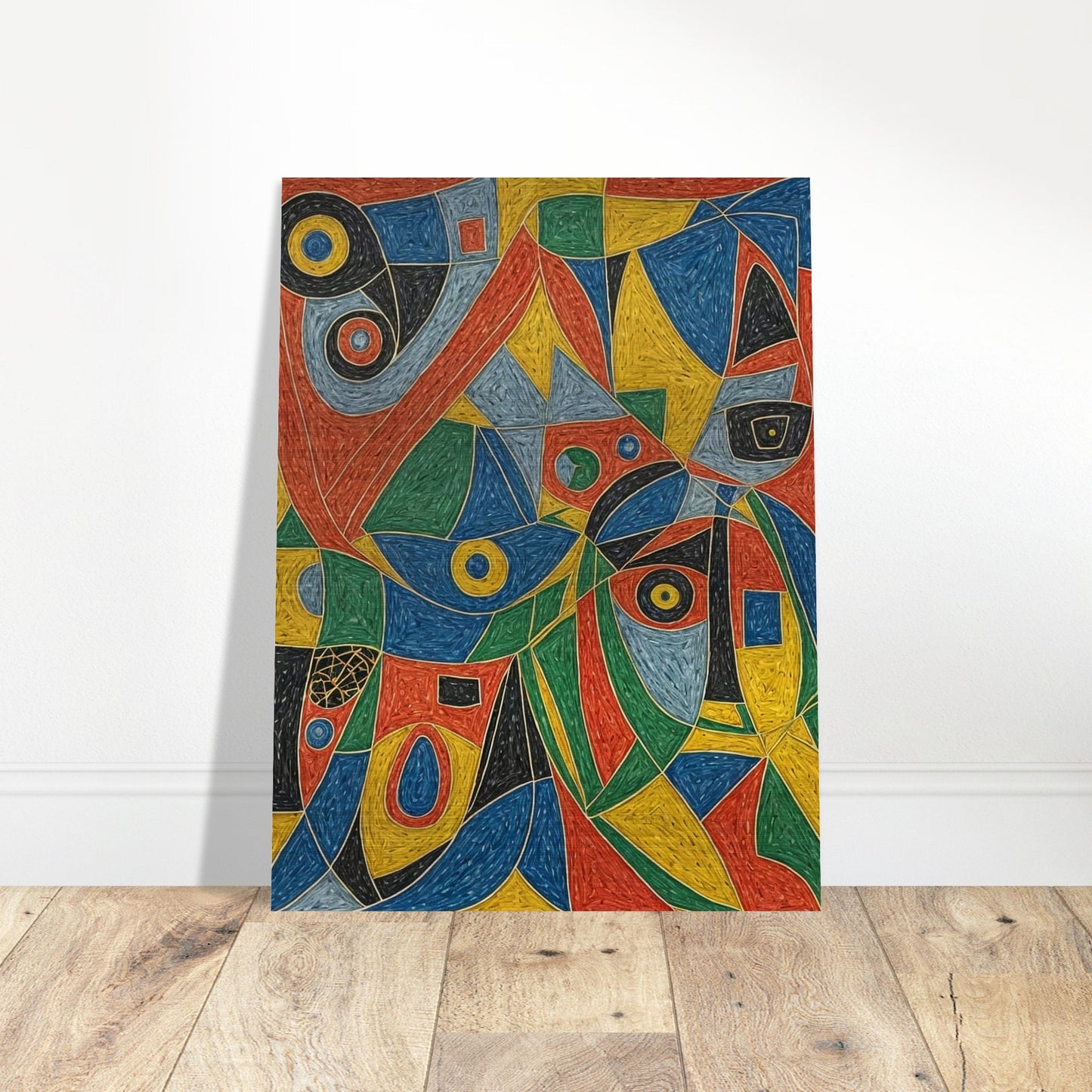 An abstract painting featuring a vibrant array of geometric shapes and colors, resembling a kaleidoscope.