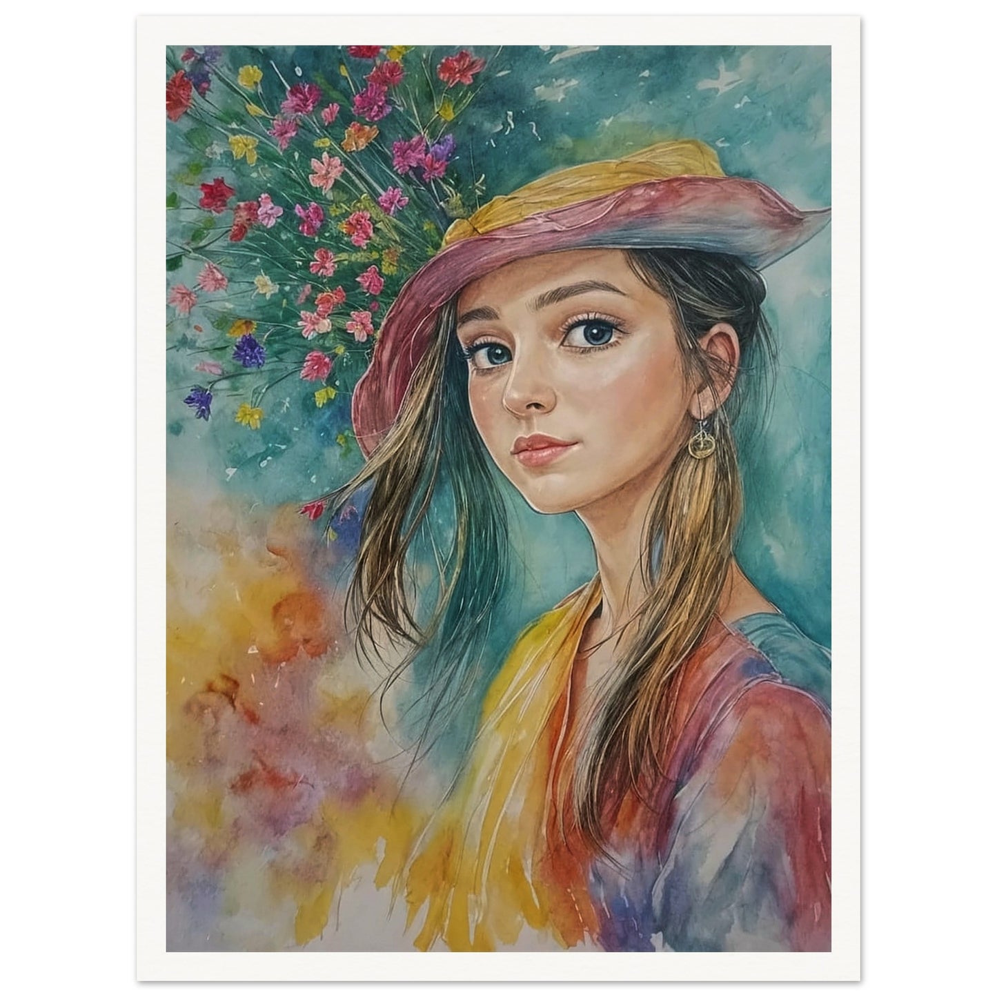 A young woman in a colorful hat gazes softly, with vibrant spring flowers blooming behind her, capturing the essence of youth and nature.