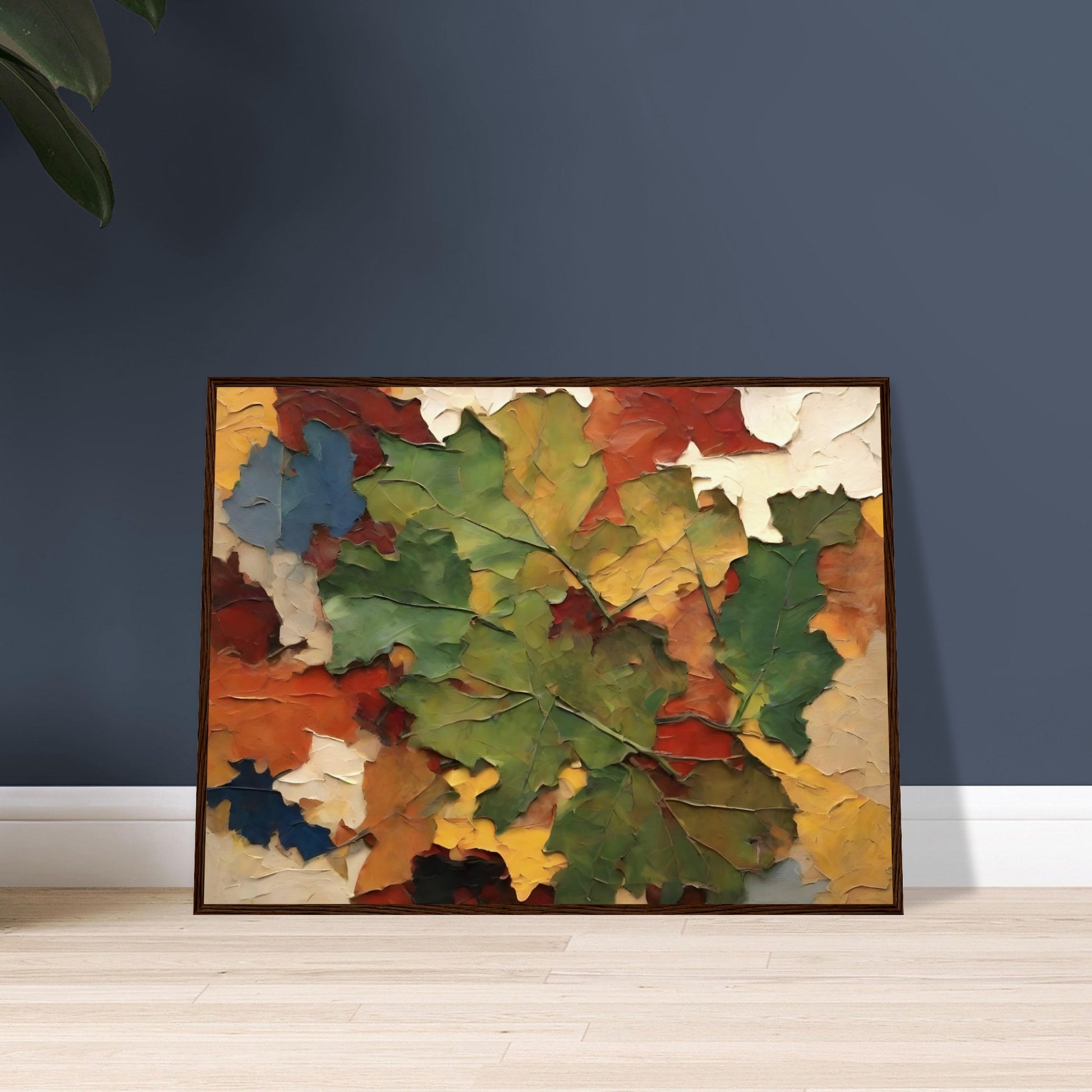 A textured painting of autumn leaves in vibrant shades of green, yellow, red, and orange, arranged in a layered, dynamic composition.