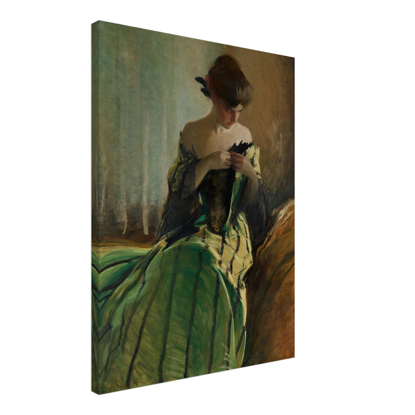 Woman in green and black evening gown pins a detail at her neckline against a muted background