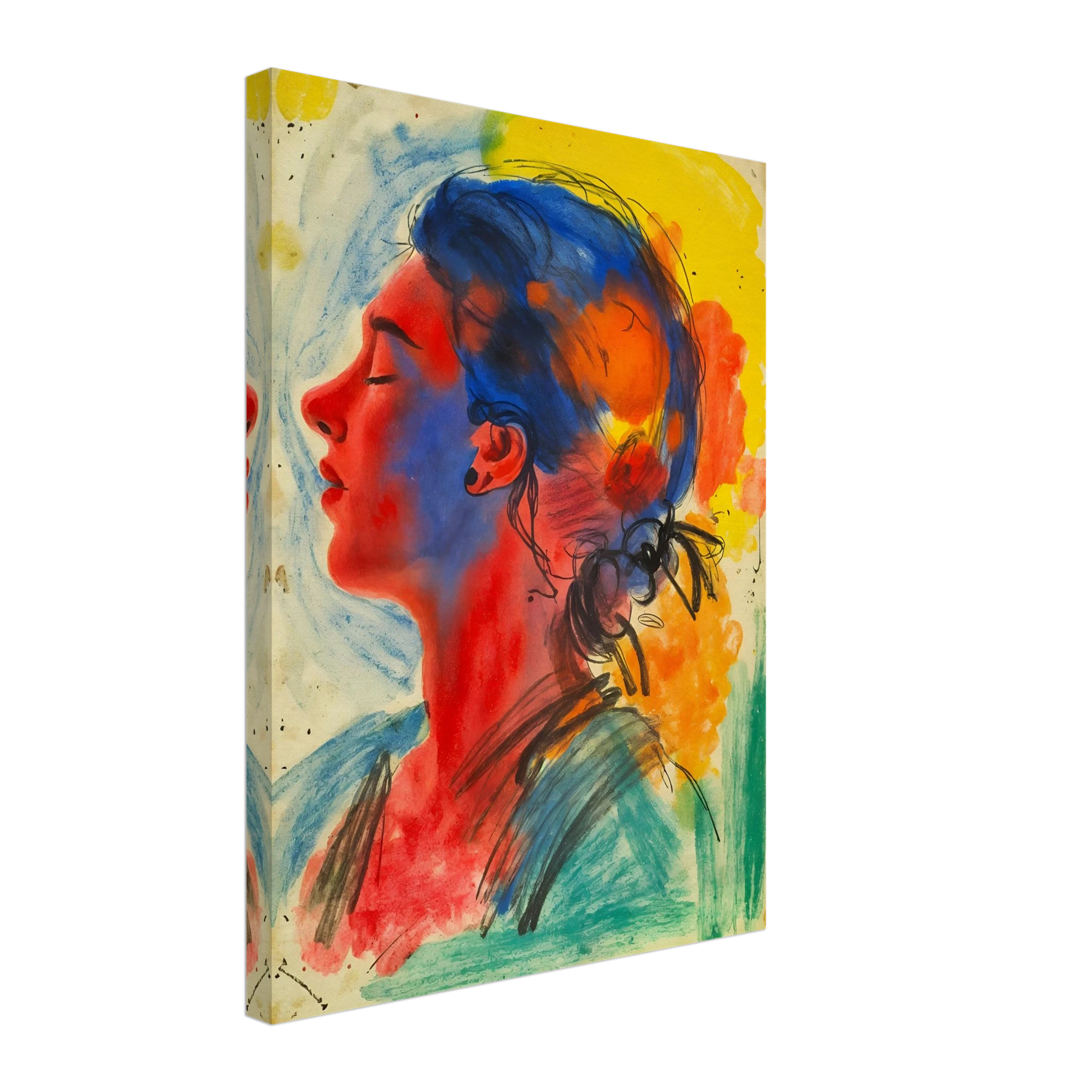 Vivid portrait of a serene woman in profile rendered with expressive blue, red, yellow, and orange washes against a luminous backdrop.