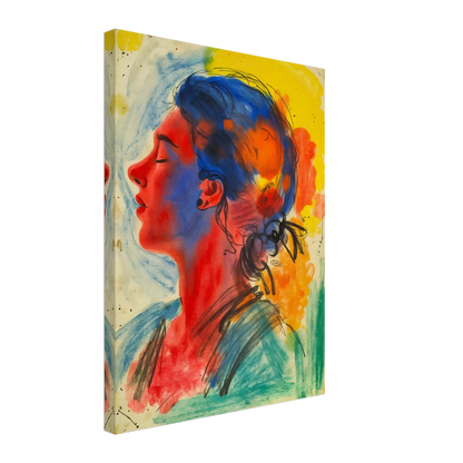 Vivid portrait of a serene woman in profile rendered with expressive blue, red, yellow, and orange washes against a luminous backdrop.