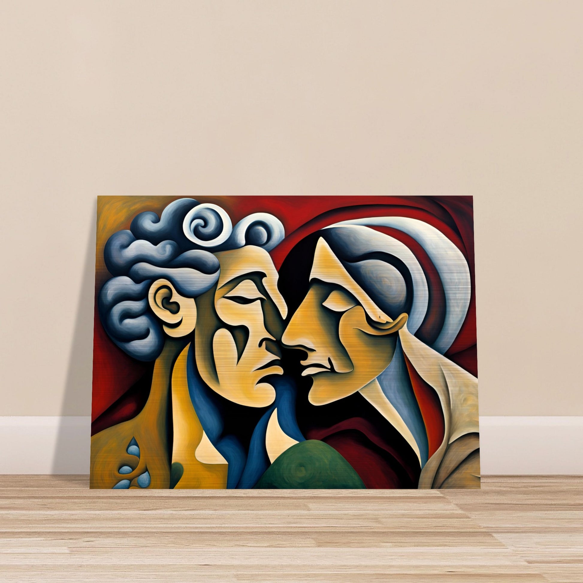 A captivating expressionist painting of two faces nearly touching, their forms blending in warm tones against a rich red background.