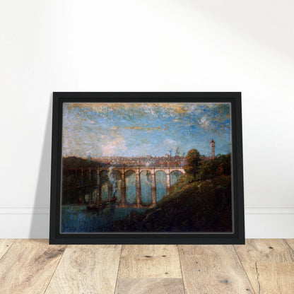 Arched bridge spans a blue river beneath a city skyline and tall tower