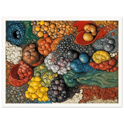 A vibrant, textured composition of assorted fruits, vegetables, and grains in a dynamic arrangement, bursting with rich colors and organic forms.