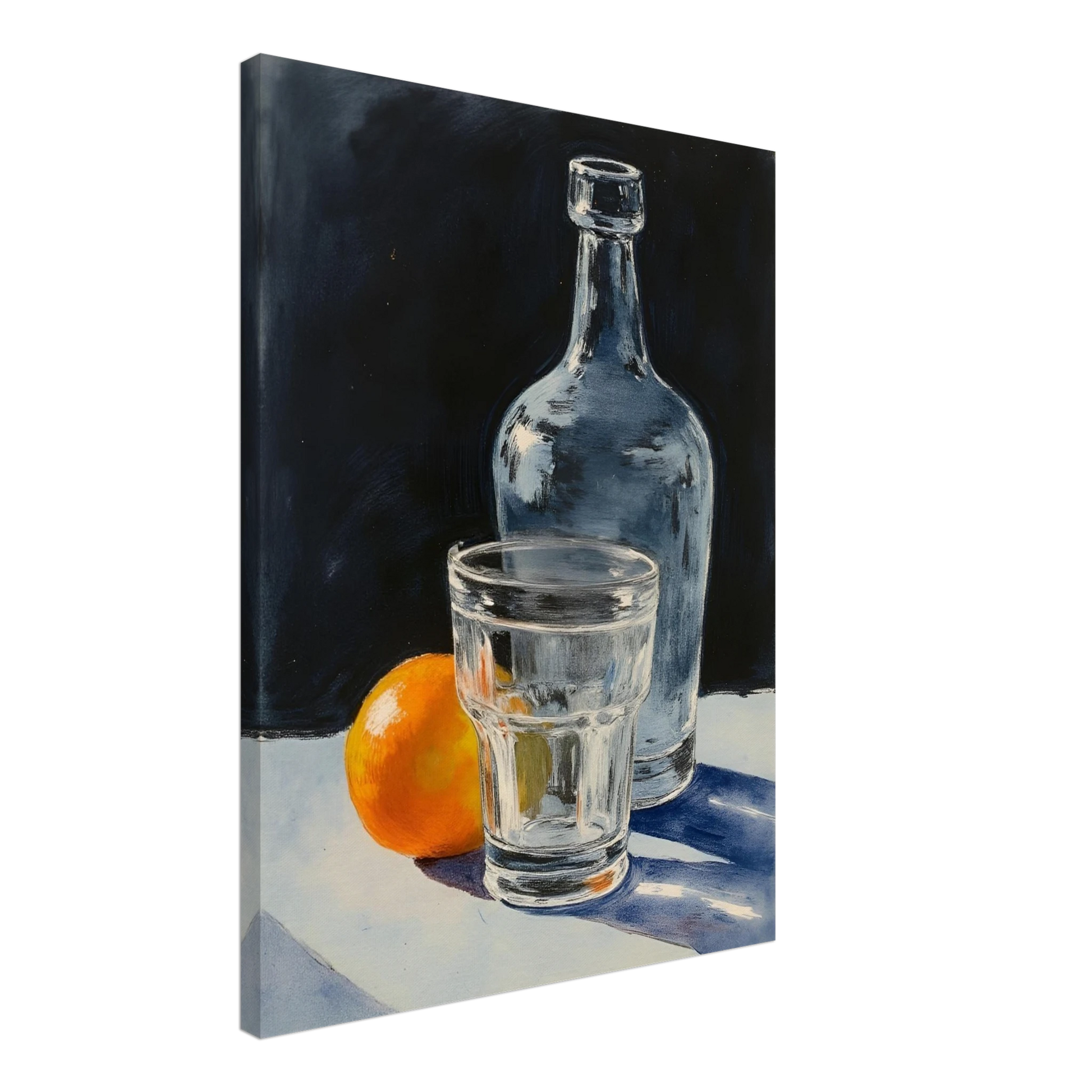 A clear glass, bottle, and orange sit on a sunlit surface, casting soft shadows against a dark background.