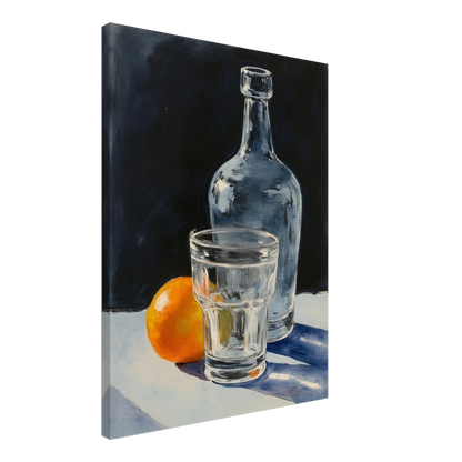 A clear glass, bottle, and orange sit on a sunlit surface, casting soft shadows against a dark background.