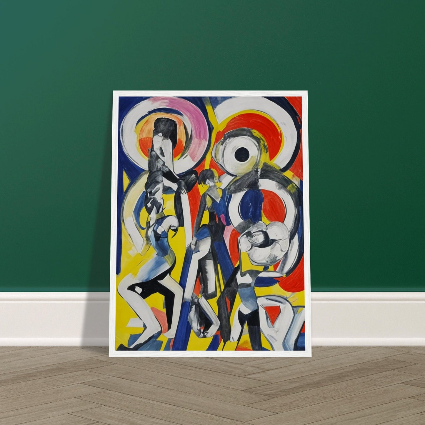 Abstract painting featuring dynamic, elongated figures in motion with bold, swirling shapes in red, blue, yellow, and black.