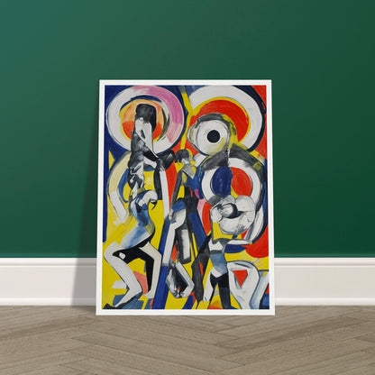 Abstract painting featuring dynamic, elongated figures in motion with bold, swirling shapes in red, blue, yellow, and black.