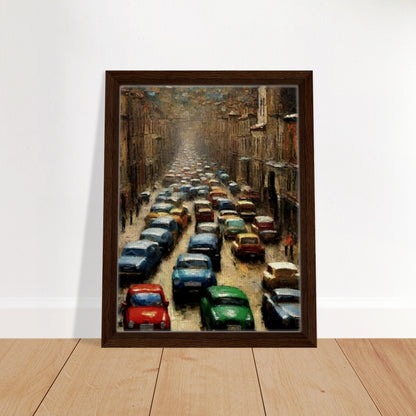 "A densely packed painting of colorful cars lined up in a busy city street, depicting the chaotic energy of a traffic jam on an urban road surrounded by tall buildings."