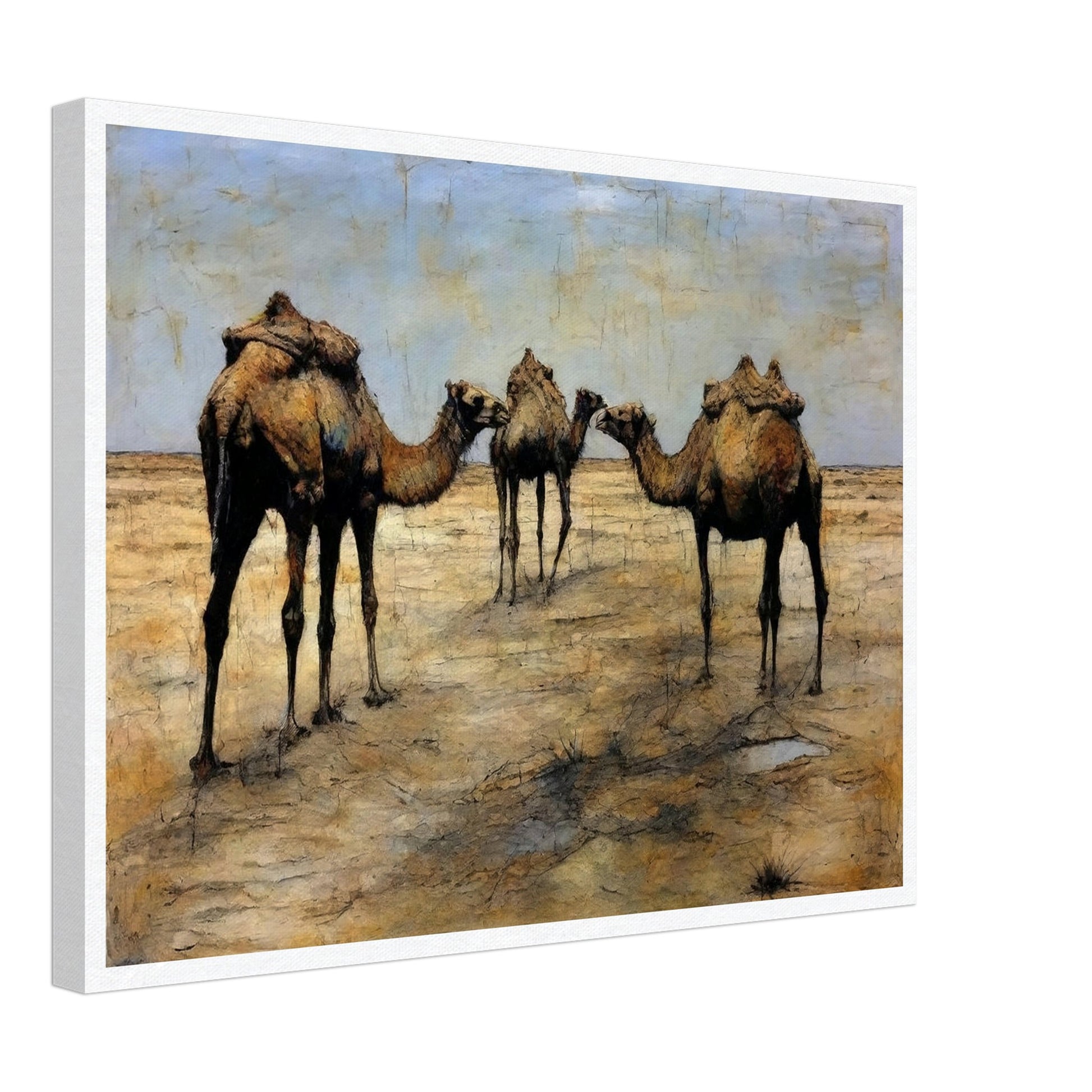 A detailed painting of three camels with packs standing together in a vast, arid desert landscape under a blue sky.