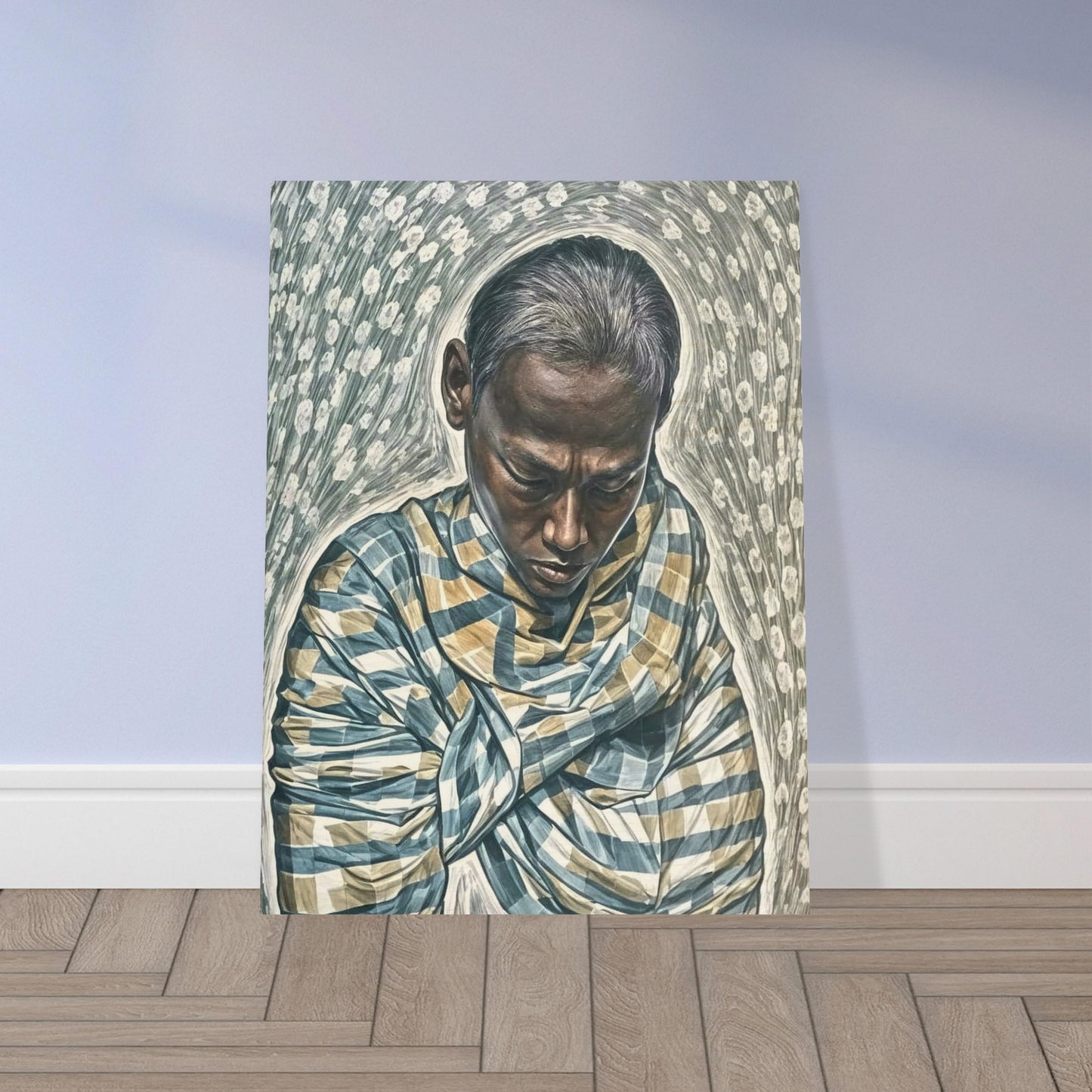 A detailed and contemplative portrait of a man wrapped in a patterned garment, head bowed, surrounded by swirling textures and floral patterns, conveying deep introspection and serenity.