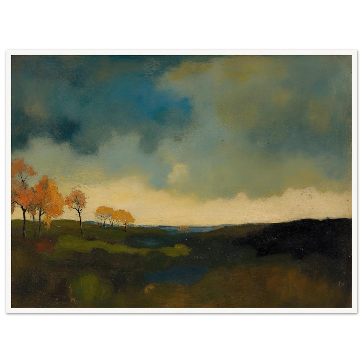 Golden autumn trees stand beneath heavy blue-gray clouds over dark rolling fields.
