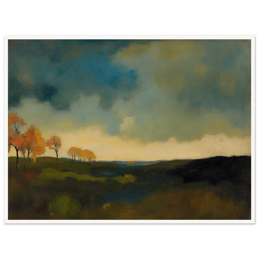 Golden autumn trees stand beneath heavy blue-gray clouds over dark rolling fields.