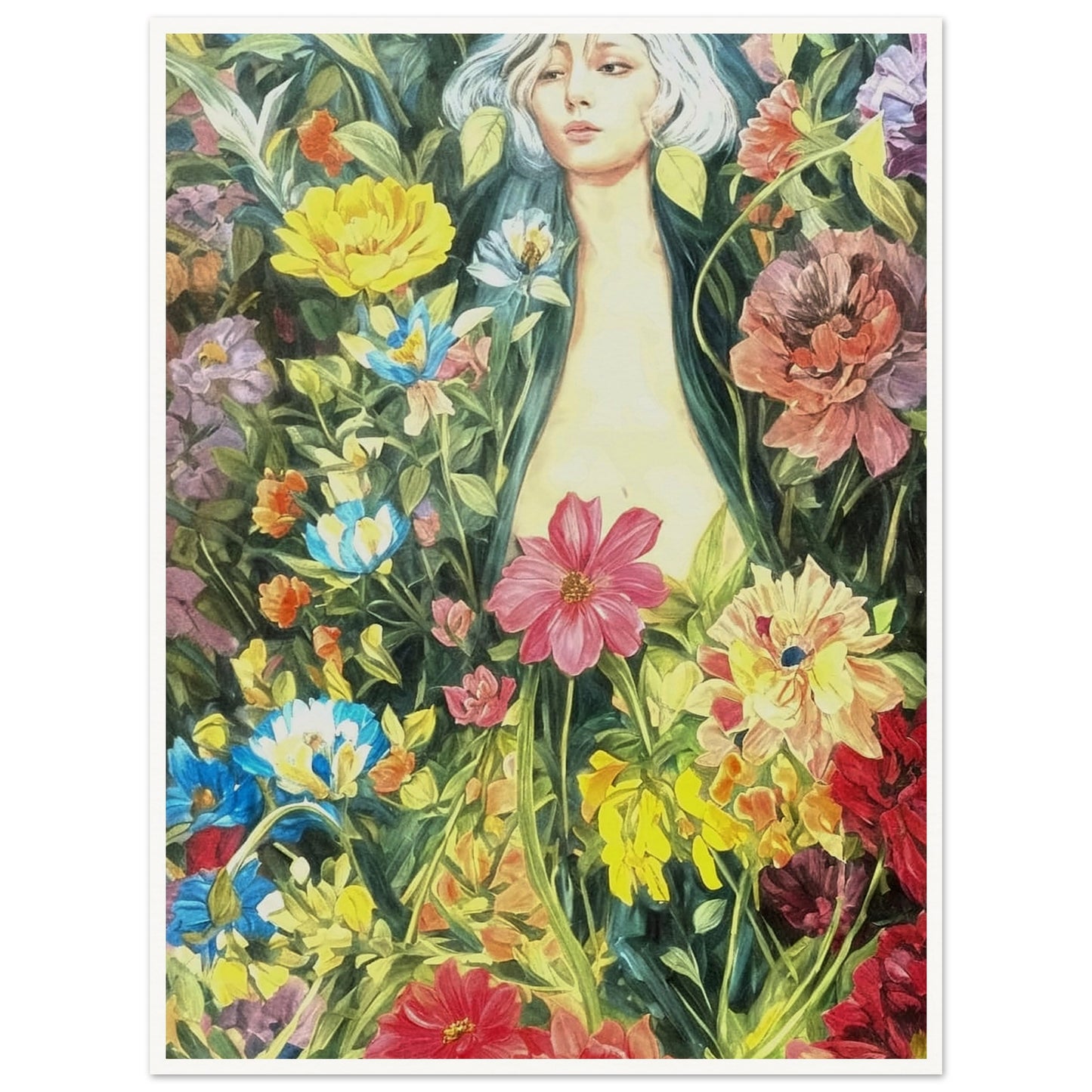 A serene figure surrounded by a lush garden of vibrant, blooming flowers, blending into the foliage with shades of pink, yellow, blue, and green.