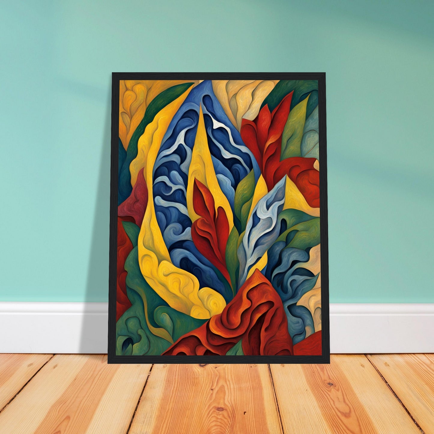 A dynamic, colorful painting featuring swirling organic shapes in red, blue, yellow, and green, evoking the movement of nature.