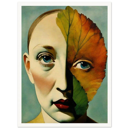 A surreal portrait of a woman's face, half-covered by a vibrant autumn leaf, blending human features with nature's beauty and warm tones.