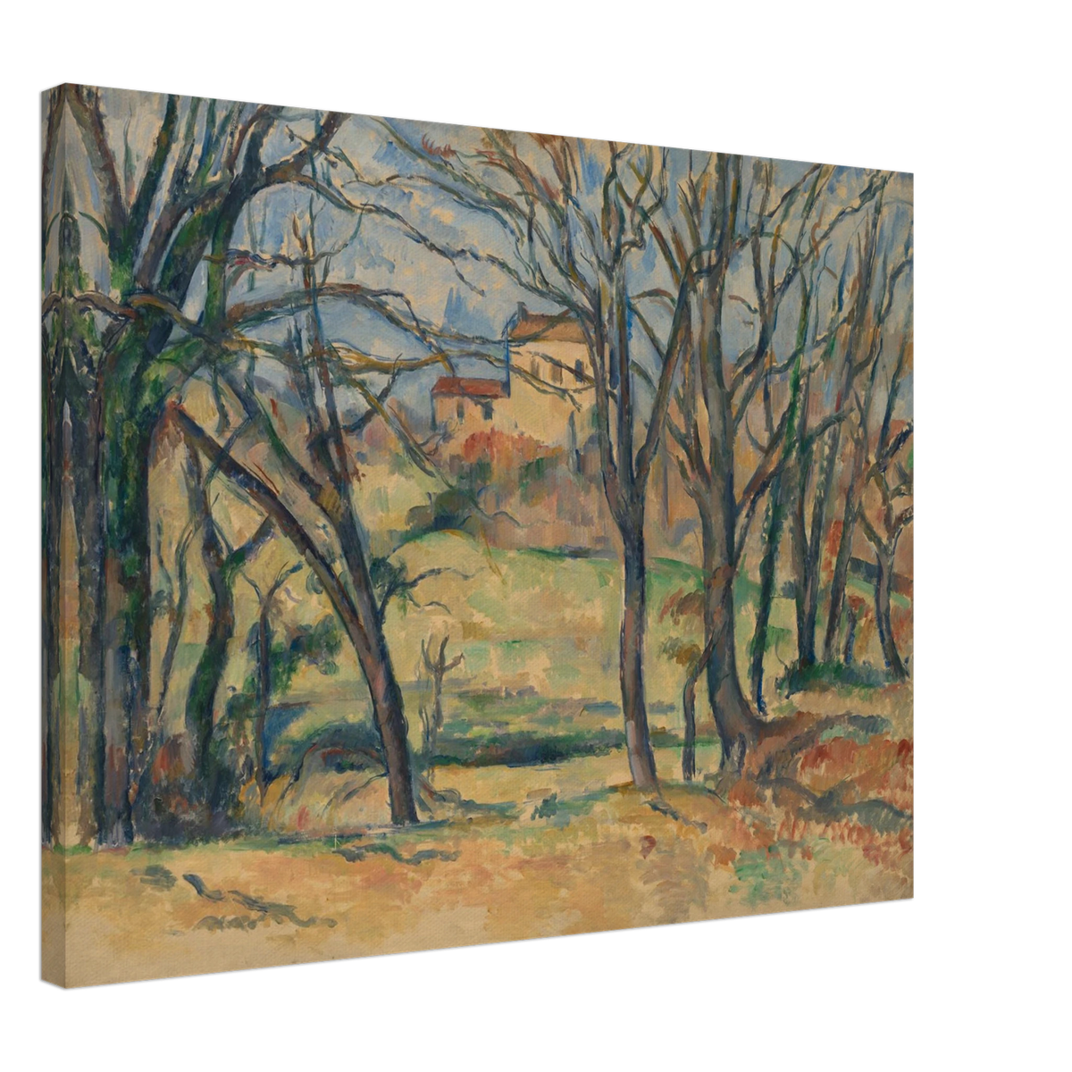 Bare trees frame yellow houses and fields in a softly painted countryside landscape.
